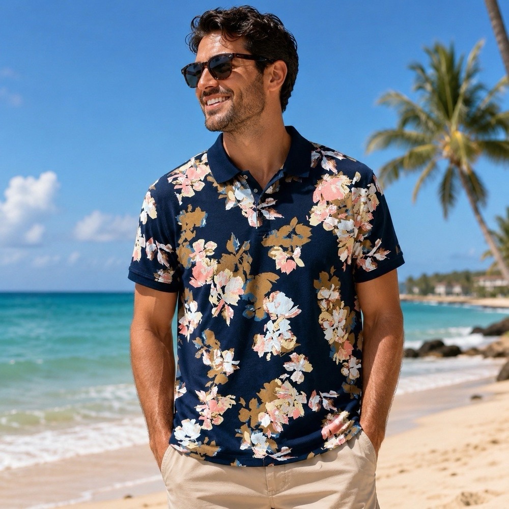 Perry Ellis Floral Polo Shirt Men XL Blue Pink Tropical Hawaiian Golf Resort